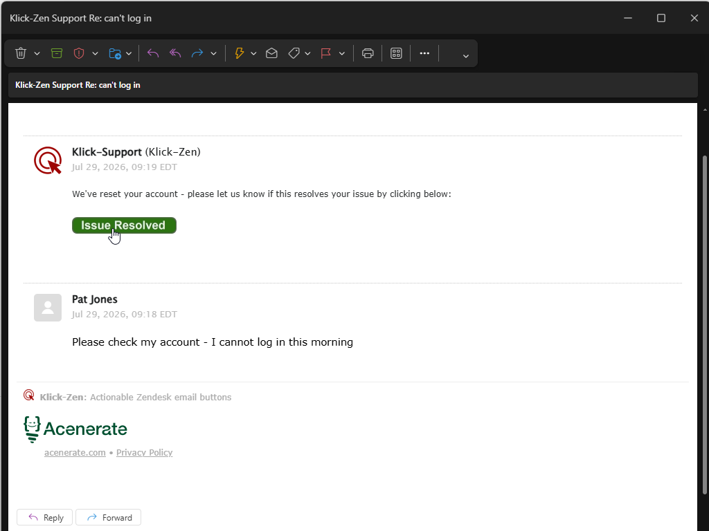 Klick-Zen Action Buttons primary marketing image — Surveys and Reviews app on the Zendesk Marketplace