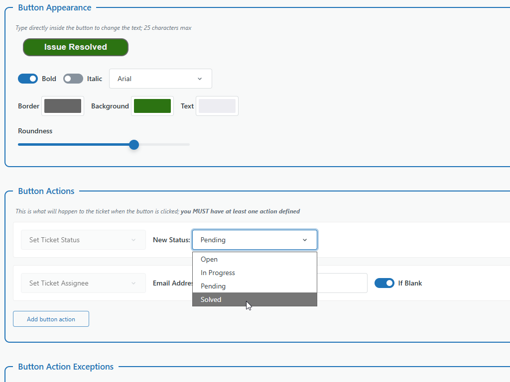 Klick-Zen Action Buttons dashboard view — Surveys and Reviews app on the Zendesk Marketplace